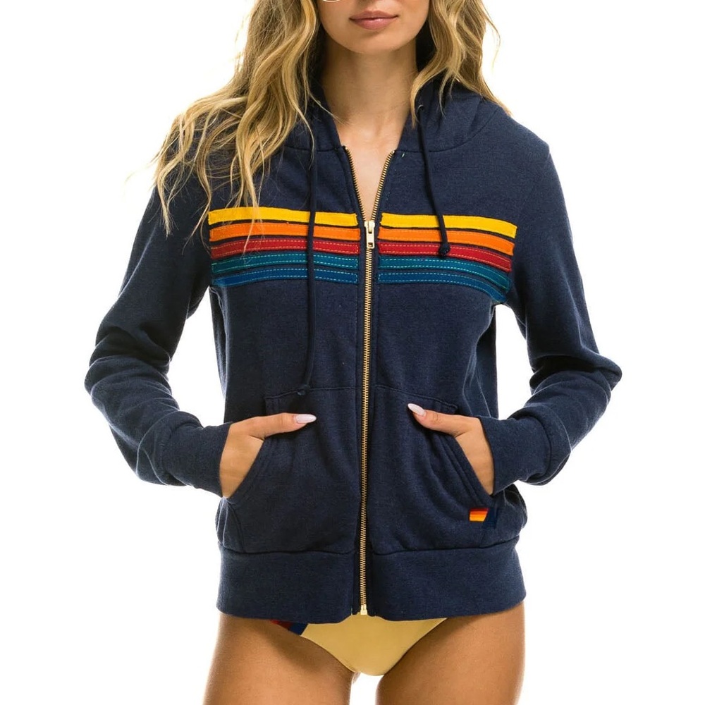Aviator Nation Blue Zippered Hoodie with Retro Stripes